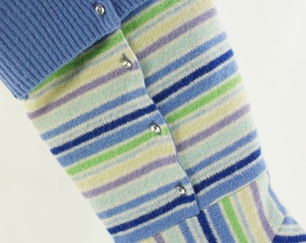 Christmas Stocking Felted Wool Rhinestones Stripes Blue Orchid Lime Green Navy Recycled Repurposed Upcycled  367