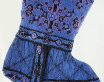 Blue Christmas Stocking Boiled Wool Repurposed Frost Zip Up Sweater 3D Purple Black Fair Isle OOAK Recycled Upcycled 1206