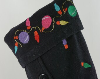 Christmas Stocking Lights Ornaments Embroidery Buttons Black Breckenridge Repurposed Sweater Pink Red Yellow Blue Green Recycled OOAK 1151