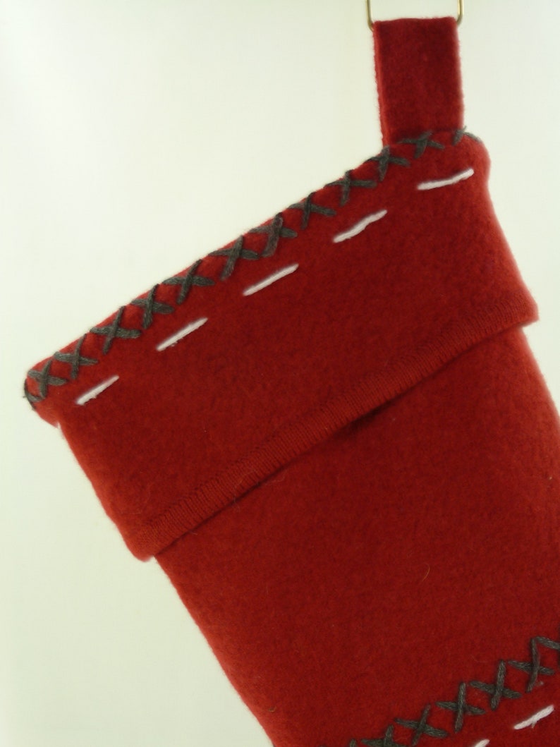 Christmas Stocking Boiled Wool Felt Applique Embroidery Evergreen Trees Moose Red White OOAK Coldwater Creek Sweater Topstitching 920