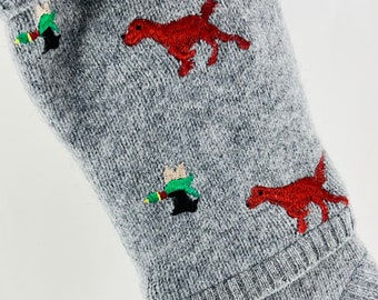 Hunters Christmas Stocking Bird Dogs Setters Spaniels Ducks Mallards Wool Embroidery Grey Repurposed Point of View Sweater OOAK 1351