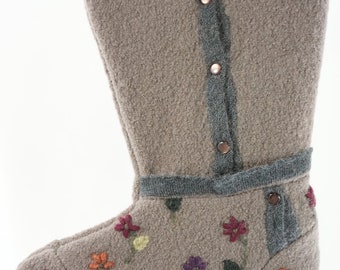 Medias de Navidad Fieltro de lana Sag Harbor OOAK Bordado Flores Floral Marrón Taupe Gris Verde Oro Borgoña Reciclado Reutilizado 912