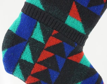 Christmas Stocking Repurposed Wool Filati Sweater Australia Geometric Triangles Black Red Turquoise Indigo Recycled Upcycled OOAK 1197