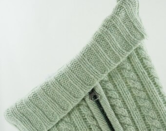 Christmas Stocking  Wool Felt Mint Green Cable Knit  Pastel  Zipper Repurposed Winter Sweater Recycled Upcycled 086