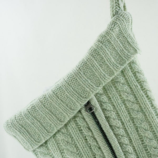 Christmas Stocking  Wool Felt Mint Green Cable Knit  Pastel  Zipper Repurposed Winter Sweater Recycled Upcycled 086