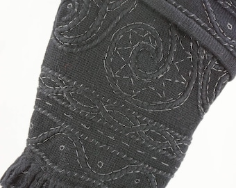 Christmas Stocking Black Wool Felt Gold Embroidery Fringe OOAK Elegant Repurposed Nine West Sweater Recycled Upcycled 1030