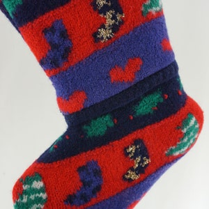 Christmas Stocking Wool Felt Repurposed Westport Sweater Hearts Presents Glitter Recycled Upcycled Red Blu Green 1126