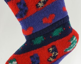 Christmas Stocking Wool Felt Repurposed Westport Sweater Hearts Presents Glitter Recycled Upcycled Red Blu Green 1126