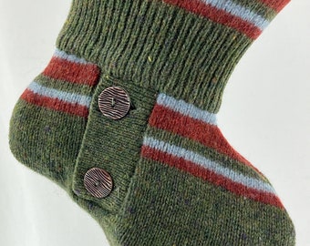 Striped Christmas Stocking Wool Green Orange Baby Blue Faux Wood Button Repurposed Sweater Rob Scot Upcycled Recycled OOAK 1343