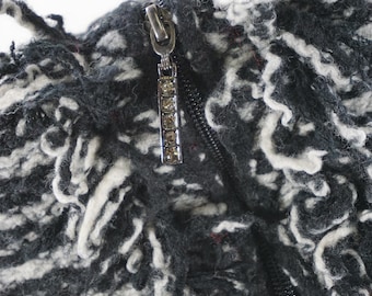 Christmas Stocking Fringe Shaggy Wool Felt Rhinestone Zipper Fab Jones New York Jacket Black White Repurposed Recycled Upcycled 1074