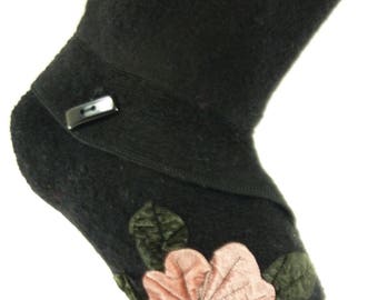Christmas Stocking Boiled Wool Felt South Wool Jacket Velvet Flowers Applique OOAK Black Pink Purple Green Buttons Recycled Repurposed 836
