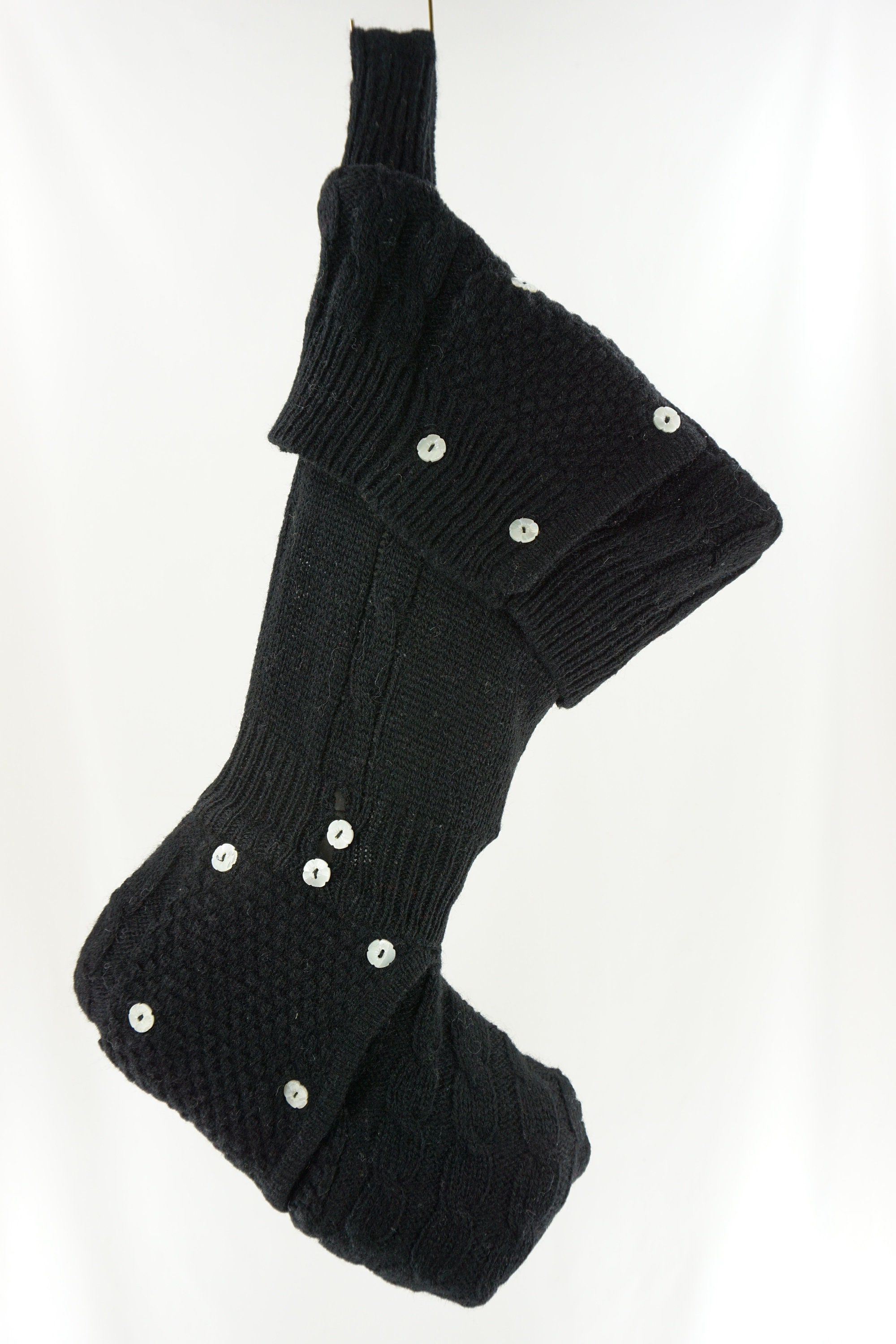 Christmas Stocking Black Wool Jason Younger Sweater Goth Recycled Flower Mother Of Pearl Buttons Rep