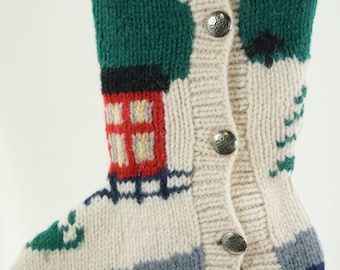 Christmas Stocking Winter Country Scene Horse Tree Eddie Bauer Felted Wool Sweater Silver Buttons Cream Almond Off White Red Navy OOAK 1221