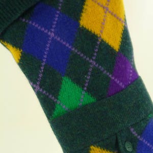 Christmas Stocking Shetland Wool Felt Green Argyle United Colors of Benetton Italy Yellow Purple Magenta Recycled Repurposed Upcycled 889