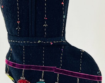 Christmas Stocking Ornaments Wool Gold Metallic Thread Beads Repurposed Charter Club Ugly Sweater Black Red Green Zipper OOAK Recycled 1344
