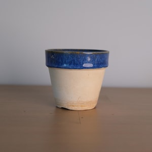 Vintage Korean Stoneware Planter, Blue Rim Ceramic Pot, 1970s Pottery Flower Pot