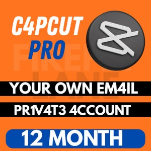 May include: An orange graphic featuring the white text C4PCUT PRO, the blue text PRO, and a black circular icon with a white stylized scissors logo. Below, black text reads YOUR OWN EM4IL and PR1V4T3 4CCOUNT, with a blue rounded bar stating 12 MONTH.