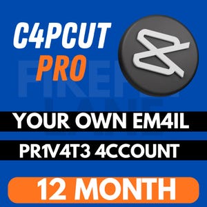 Op de afbeelding: Een blauwe digitale afbeelding met de witte tekst C4PCUT PRO in oranje, een zwart cirkelvormig icoon met een wit logo en de tekst YOUR OWN EM4IL PR1V4T3 4CCOUNT. Onderaan staat een oranje afgeronde rechthoek met de witte tekst 12 MONTH.