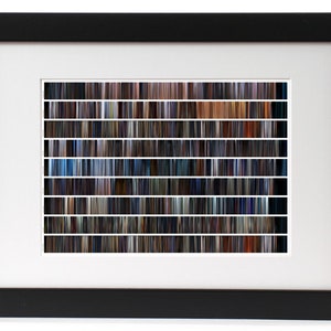 Può includere: Una stampa incorniciata di un design astratto colorato composto da molte sottili strisce orizzontali. Le strisce sono di varie tonalità di blu, verde, marrone, arancione e rosso.