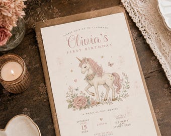 May include: A rectangular birthday invitation card featuring a central illustration of a unicorn with a pink mane, surrounded by floral accents, stars, and butterflies. The text reads: Olivia's First Birthday, A Magical Day Awaits, Saturday June 15 2026.