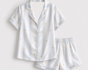 Creamy Poly Sparkle Pajama Apparel, Light Blue Printed Short Sleeve Loungewear Sleepwear Collection Attire