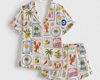 Pijama de seda alabastro color limón, conjunto de ropa de estar por casa de manga corta con estampado de langosta carmesí.