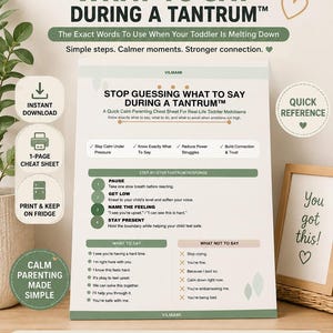 Peut inclure: Une fiche pratique parentale numérique intitulée STOP GUESSING WHAT TO SAY DURING A TANTRUM. Le document présente un guide de réponse étape par étape, des listes de ce qu'il faut dire et ne pas dire, ainsi que des icônes de téléchargement.