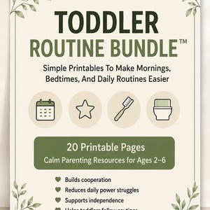 Peut inclure: Un document imprimable couleur crème intitulé VILMAMI TODDLER ROUTINE BUNDLE. Il présente des illustrations de feuilles vertes, des icônes de calendrier, étoile, brosse à dents et toilettes, et 20 pages imprimables pour les 2-6 ans avec des listes.