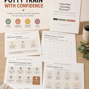 Peut inclure: Un kit d'apprentissage de la propreté comprenant un livre intitulé Calm Potty Parenting Playbook, une fiche de routine quotidienne, un calendrier de suivi mensuel, un tableau de routine visuel et des cartes de planning pour enfants.
