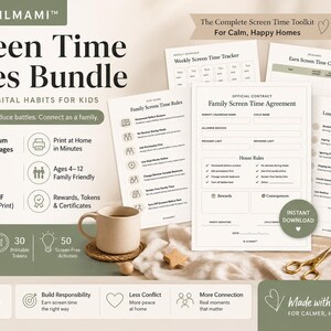 Peut inclure: Un ensemble de règles de temps d'écran comprenant des pages imprimables avec un contrat familial, un suivi hebdomadaire et des tableaux de récompenses. Les documents affichent des textes comme Screen Time Rules Bundle et Family Screen Time Agreement.