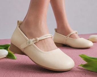 Cream Mary Jane Flats, Minimalist Soft Low Heel Shoes, Comfortable Daily Walking Footwear
