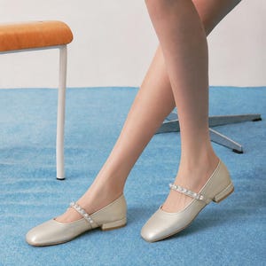 Ivory Pearl Strap Mary Jane Shoes, Handmade Low Block Heel Pumps, Vintage Minimalist Bridal Flats for Women