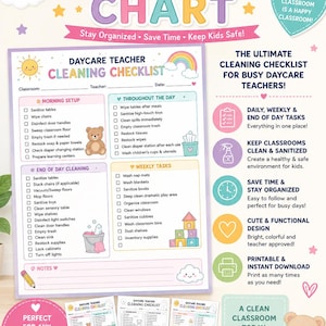 May include: A Daycare Teacher Cleaning Chart printable featuring a checklist for morning setup, daily tasks, and weekly duties. The design includes a rainbow, a teddy bear, and text such as Daycare Teacher Cleaning Checklist and A Clean Classroom Is A Happy Classroom. The document is formatted for US Letter 8.5 x 11 inch paper.