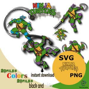 Puede incluir: Un conjunto de gráficos digitales con personajes de Ninja Turtles en varias poses de acción con armas como nunchakus y espadas. El texto incluye Ninja Turtles, 20 files, colors, black and white, instant download, SVG y PNG. Los personajes son verdes.