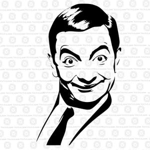 Puede incluir: Una ilustración gráfica en blanco y negro de un hombre con cabello corto y oscuro, cejas prominentes y una amplia sonrisa pícara. El diseño presenta líneas audaces y de alto contraste que capturan los rasgos faciales y parte de una corbata.