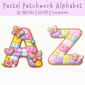 Könnte beinhalten: Pastel Patchwork Alphabet 36 PNG Files 300 DPI Transparent. Die Buchstaben A und Z sind in einem gesteppten Patchwork-Stil mit sanften Pastellfarben dargestellt und mit kleinen Schmetterlingen, einem Herz und bunten Blumen verziert.