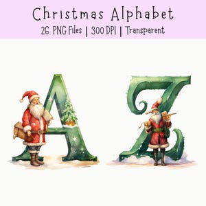 Peut inclure: Un ensemble graphique numérique intitulé Christmas Alphabet 26 PNG Files 300 DPI Transparent présentant les lettres A et Z dans une police texturée vert foncé. Chaque lettre est accompagnée d'une illustration détaillée du Père Noël en rouge.