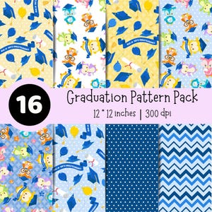 Op de afbeelding: Een digitale papierset getiteld 16 Graduation Pattern Pack 12 * 12 inches | 300 dpi, met diverse herhalende ontwerpen waaronder uilen met afstudeerhoeden, blauwe ballonnen, diploma's, blauwe afstudeerhoeden, stippen en chevronpatronen.
