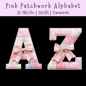 Pink Patchwork Alphabet PNG | Bow Letter Set | Baby Girl Name Design Letters