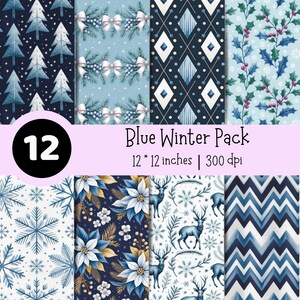 Peut inclure: Un ensemble de papiers numériques intitulé Blue Winter Pack comprenant 12 motifs de 30,48 par 30,48 cm à 300 dpi. Les designs incluent des sapins bleus et blancs, des nœuds, des losanges, du houx, des flocons, des poinsettias, des cerfs et des chevrons.