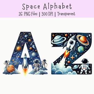以下が含まれることがあります： Space Alphabetというタイトルのデジタルグラフィックセットで、300 DPIのPNGファイルが26個含まれています。文字AとZはダークブルーの宇宙をテーマにしており、惑星、星、ロケット、白い宇宙服を着た宇宙飛行士のイラストが描かれています。