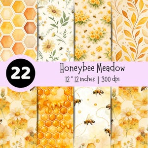 Honey Bee Digital Paper | Watercolor Honeycomb Seamless Backgrounds | Daisy Floral Craft Prints