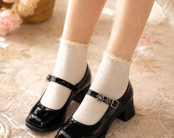 Black Patent Leather Mary Jane Shoes | Vintage Style Block Heel Pumps with Floral Buckle | Cute Coquette Chunky Heels