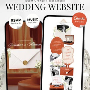 May include: A digital wedding website template featuring a burnt orange floral theme displayed on two smartphone screens. The design includes text elements like "Sebastian & Arianna," "RSVP," "Music Included," and "Canva Editable" with vintage-style graphics.