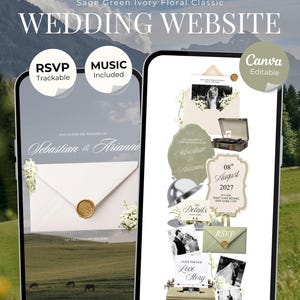 May include: A digital wedding website template featuring sage green and ivory floral designs. The interface displays wedding invitation elements, including an envelope with a gold wax seal, a typewriter, a record player, and RSVP details for Sebastian and Arianna.