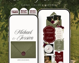 Olive Green & Burgundy Floral Wedding Website Template with RSVP, Music and Countdown Timer: Wedding Invites (Digital Download)