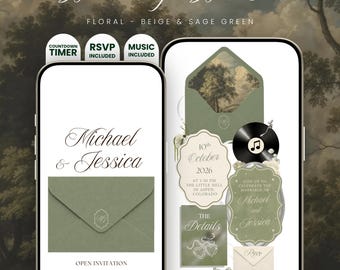 Sage Green & Ivory Wedding Website Template | Editable Digital Invitation with RSVP,Music and Countdown Timer | Digital Download