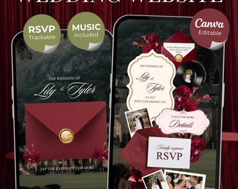 May include: Two smartphone screens display an ivory and burgundy floral wedding website template. The interface features a digital envelope with a gold wax seal, RSVP sections, photo galleries, and text reading The Wedding of Lily & Tyler.