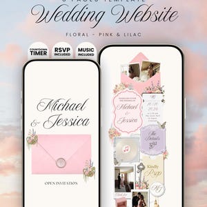 May include: A digital wedding website template for Canva featuring five pages with pink and lilac floral designs. The mobile screens display the names Michael and Jessica, an envelope with a wax seal, RSVP forms, music player, and countdown timer.