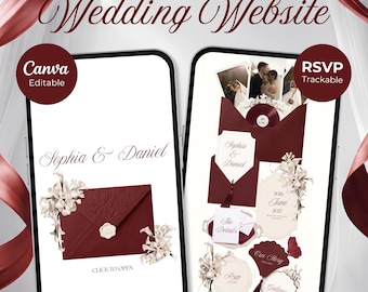 May include: Two smartphone screens displaying a burgundy and floral wedding website template. The screens show text including "Sophia & Daniel", "20th June 2027", "The Details", "Our Story", "RSVP", and "Gallery" with burgundy envelopes and floral accents.